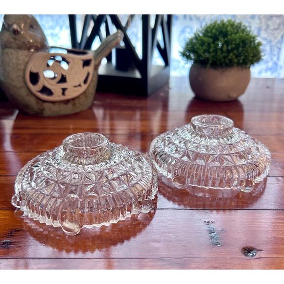 Vintage Set if 2 Anchor Hocking Pressed Glass Stars & Bars Clear Candle Holders - Picture 2 of 5